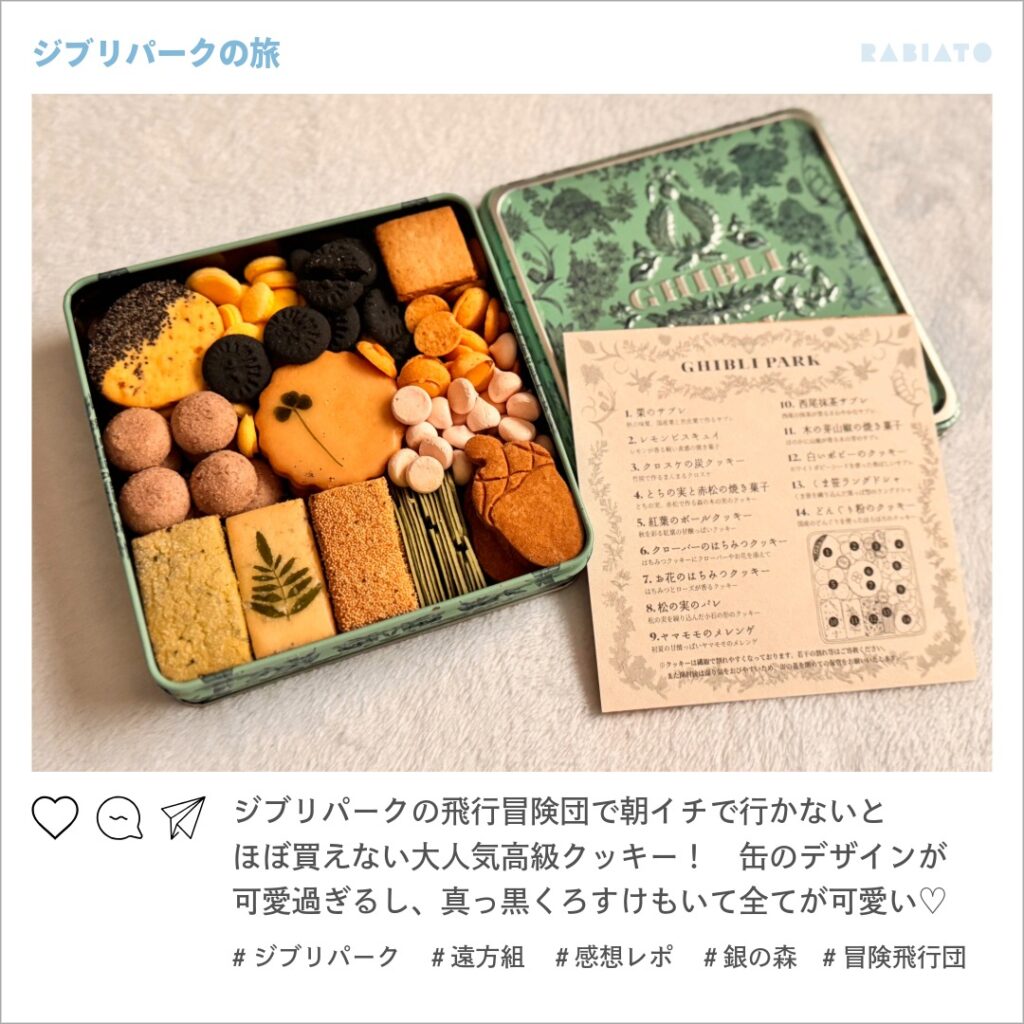 ジブリパーク冒険飛行団エリア限定の高級クッキー缶。深い緑の缶に森を思わせるデザイン、葉っぱ模様のクッキーや真っ黒くろすけなど可愛い焼き菓子が並ぶ。