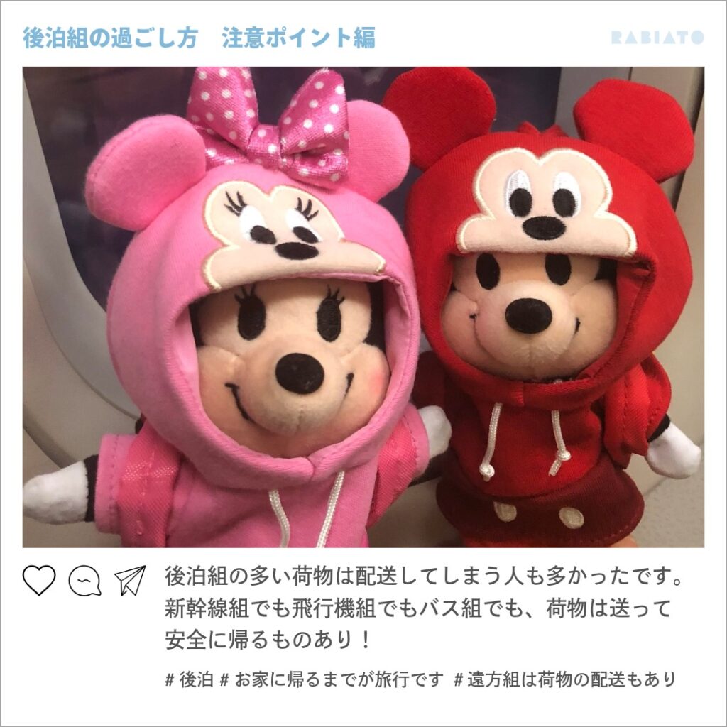 ディズニー後泊の荷物は配送も活用可能。新幹線・飛行機・バス組でも配送で安心して帰宅できるケースが多い。